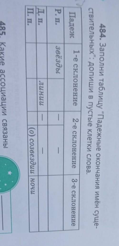 484 заполни таблицу падежные окончания имён существительных Запиши в пустые клетки слова​