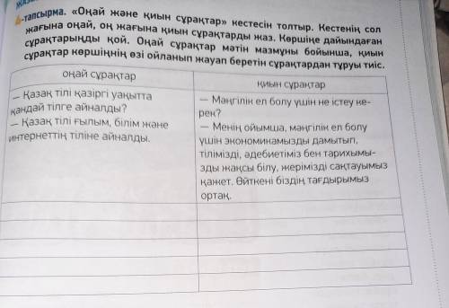 4-тапсырма. «Оңай және қиын сұрақтар» кестесін толтыр. Кестенің сол жағына оңай, оң жағына қиын сұра