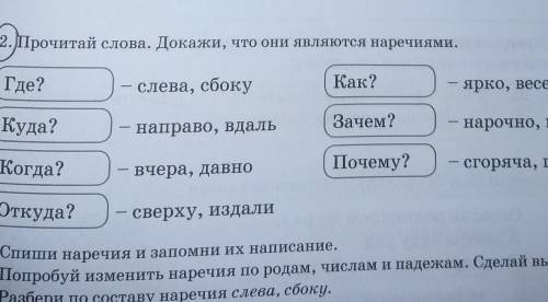 2. Прочитай слова. Докажи, что они являются наречиями. Где?слева, сбокуКак?ярко, веселоКуда?направо,