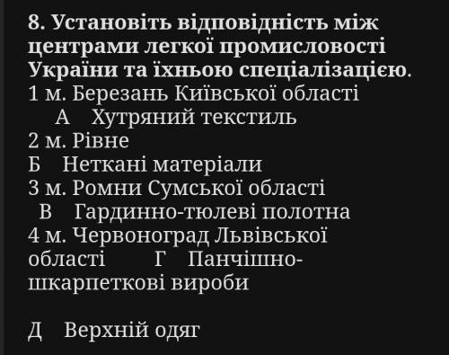 Установіть відповідність між центрами легкої промисловості України та їхньою спеціалізацією​