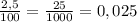 \frac{2,5}{100} = \frac{25}{1000} = 0,025