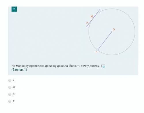 На малюнку проведено дотичну до кола. Вкажіть точку дотику