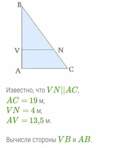 Известно, что VN||AC, AC= 19 м,VN= 4 м,AV= 13,5 м.Вычисли стороны VB и AB. VB=  м,   AB=  м.​