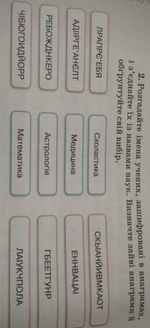 2. Розгадайте імена учених, зашифровані в анаграми, і з'єднайте іх із назвами наук. Визначте зайві а