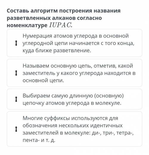 Составь алгоритм построения названия разветвленных алканов согласно номенклатуре IUPAC.​