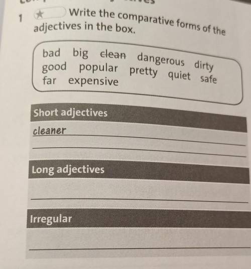 Write the comparative forms of the 13adjectives in the box.bad big clean dangerous dirtygood popular