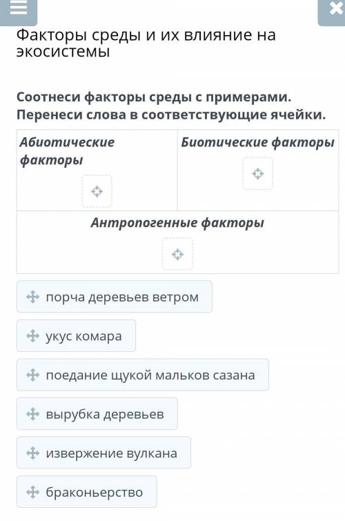 Факторы среды и их влияние на экосистемы Соотнеси факторы среды с примерами. Перенеси слова в соотве