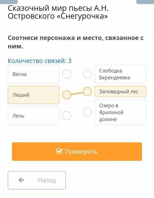 Сказочный мир пьесы А.Н. Островского «Снегурочка» Соотнеси персонажа и место, связанное с ним. Колич