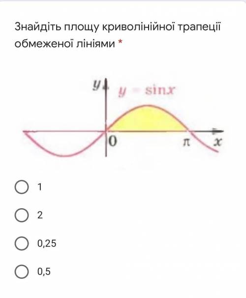 Знайдіть площу криволінійної трапеції обмеженої лініямиа) 1б) 2в) 0,25г) 0,5​