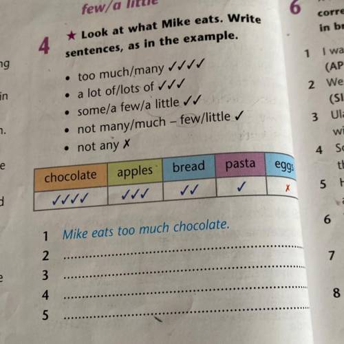 4 Look at what Mike eats. Write sentences, as in the example. • too much/many w • a lot of/lots of V