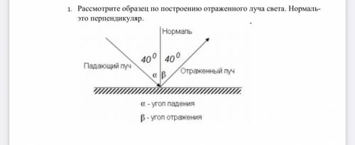 Рассмотрите образец по построению отраженного луча света. Нормаль-это перпендикуляр.