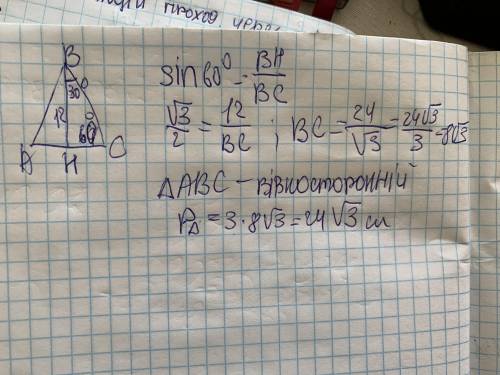 Знайти периметр рівнобедреного трикутника, висота якого проведена до основи дорівнює 12 см і утворює