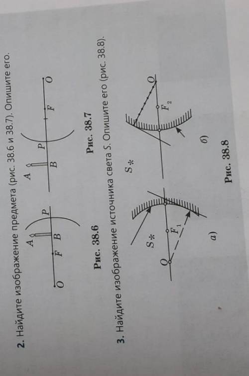 2) найдите изображение предмета (рис. 38.6 и 38.7) опишите его. 3) найдите изображение источника све