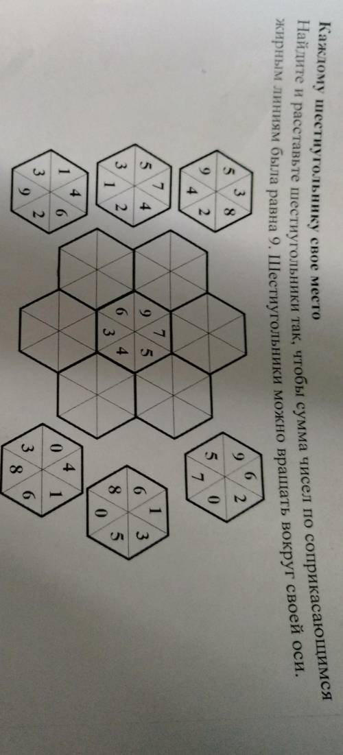 Найдите и расставьте шестиугольник так, чтобы сумма чисел по соприкасающимся жирным линиям была равн