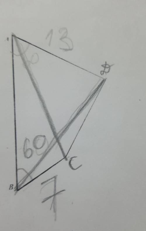 Дан четырёхугольник ABCD. Угол ABC=BAD=60°, угол DAC=DBA. Сторона AD=13 BC=7. Найти длину стороны АВ