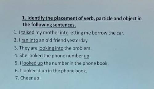 1. Identify the placement of verb, particle and object inthe following sentences.​