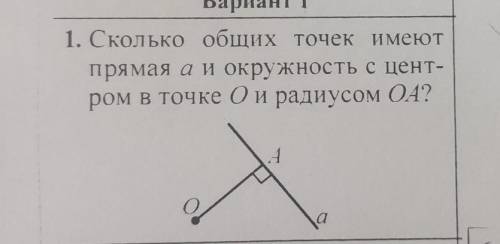 1. Сколько общих точек имеютпрямая аи окружность с цент-ром в точке Ои радиусом ОА?​