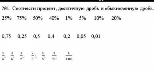 Соотнеси процент,обыкновеную дробь десятичную дробь​