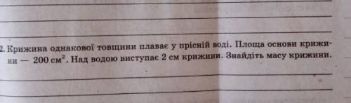 Крижина однакової товщини плаває у прісній воді.Площа основи крижини -200см².Над водою вступає 2см к