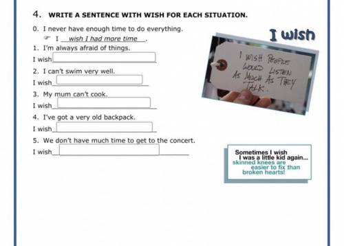 Write a sentence with wish for each situation