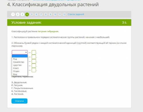 Классифицируй растение петуния гибридная. 1. Расположи в правильном порядке систематические группы р