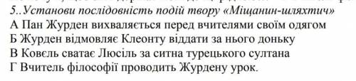 Установи послідовності подій твору Міщанин-шляхтич