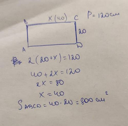 Периметр прямоугольника 120 см, ширина его равна 20 см. Найдите площадь этого прямоугольника Крылов