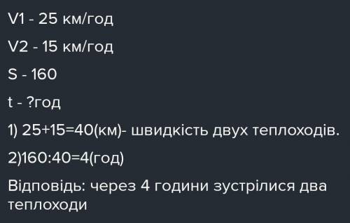 Два теплоходи одночасно вийшли назустрiч один одному вiд двоих пристаней, вiдстань мiж якими 160км.