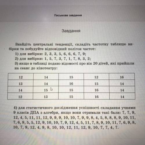 Знайдіть центральні тенденції, складіть частотну таблицю ви- бірки та побудуйте відповідний полігон