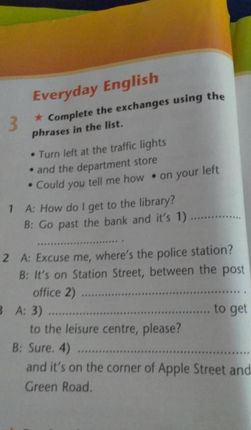 Everyday English * Complete the exchanges using thephrases in the list.• Turn left at the traffic li