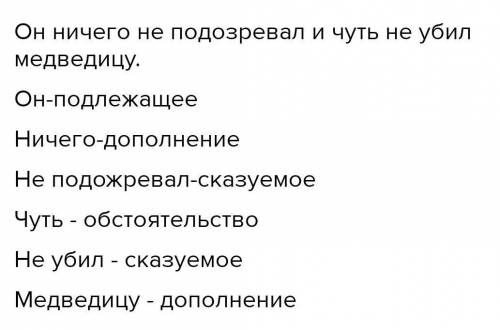 Сделайте синтаксический разбор. Предложение вот. Он (ни) чего (не) подозревал и чуть (не) убил медве