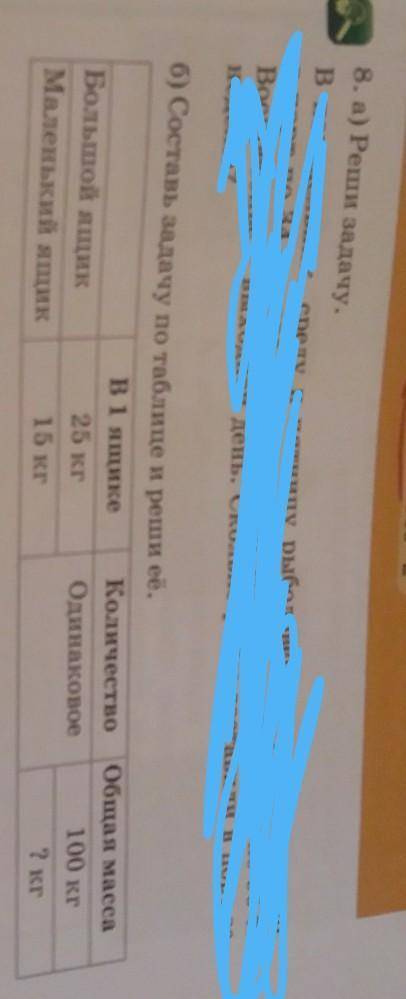 Б) Составь задачу по таблице и реши её. В1 ящикеКоличествоБольшой ящик25 кгОдинаковоеМаленький ящик1