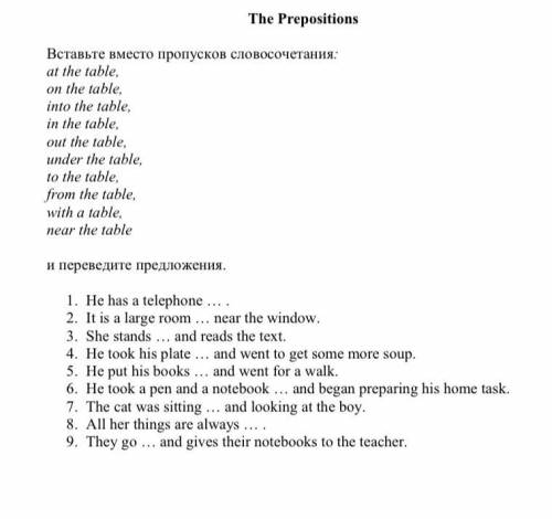 Вставьте вместо пропусков словосочетания: at the table, on the table, into the table, in the table,