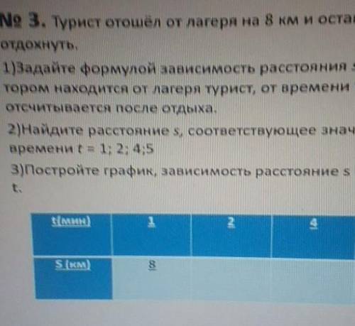 • No 3. Турист отошёл от лагеря на 8 км и остановился отдохнуть.1)Задайте формулой зависимость расст