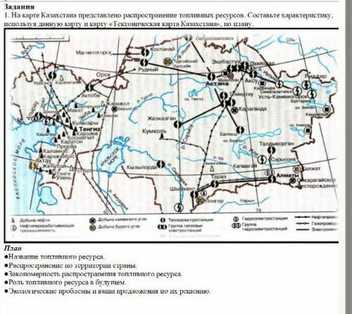 1. На карте Казахстана представлено распространение топливных ресурсов. Составьте характеристику, ис