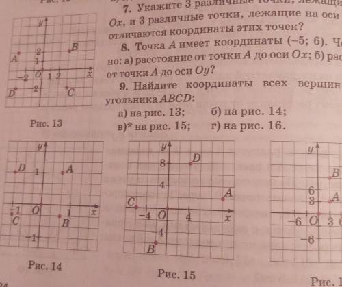 Найдите координаты всех вершин прямоугольника ABCD. а) на рис. 13б) на рис. 14в)на рис. 15г)на рис.