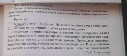 919. Выборочный диктант. Выпиши грамматическую основу предложений. Определи, в каком времени употреб