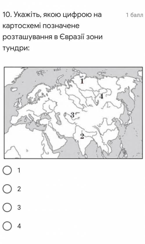 Укажіть, якою цифрою на картосхемі позначене розташування в Євразії зони тундри​