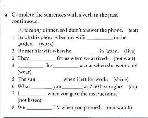 A Complete the sentences with a verb in the past continuous. I was eating dinner, so I didn't answer