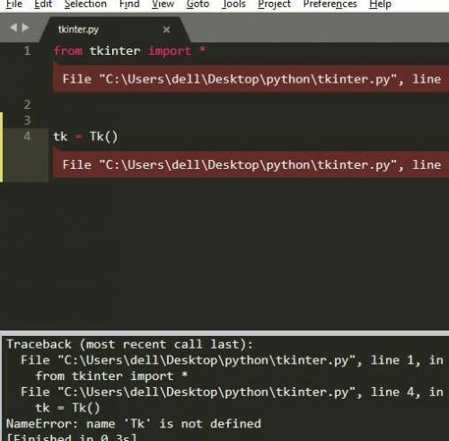 У меня проблема с Sublime Text 3 Я хочу импортировать модуль Tkinter но мне выдает ошибку, подскажит