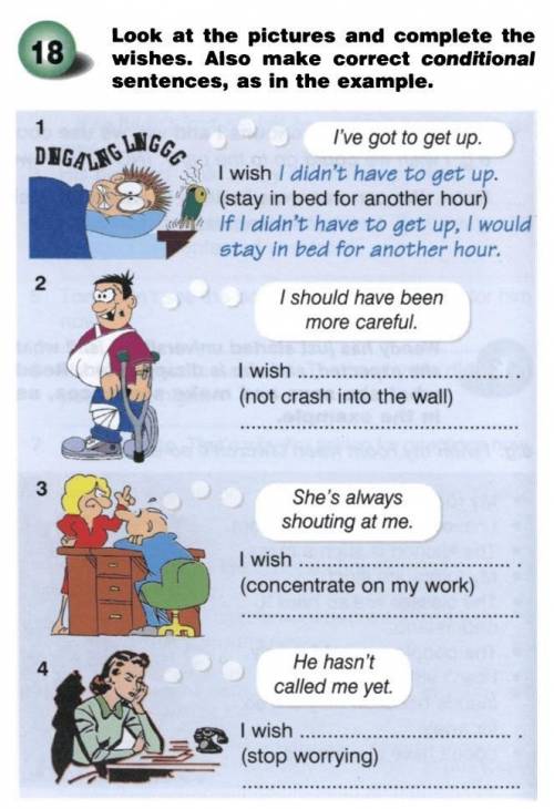 Look at the pictures and complete the wishes. Also make correct conditional sentences, as in the exa