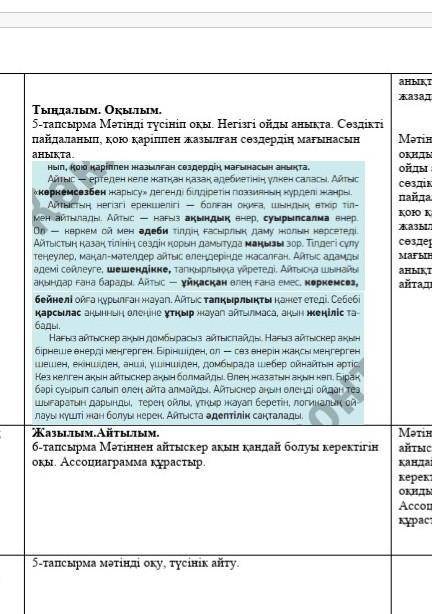 Тыңдалым . Оқылым . 5 - тапсырма Мәтінді түсініп оқы . Негізгі ойды анықта . Сөздікті пайдаланып , қ