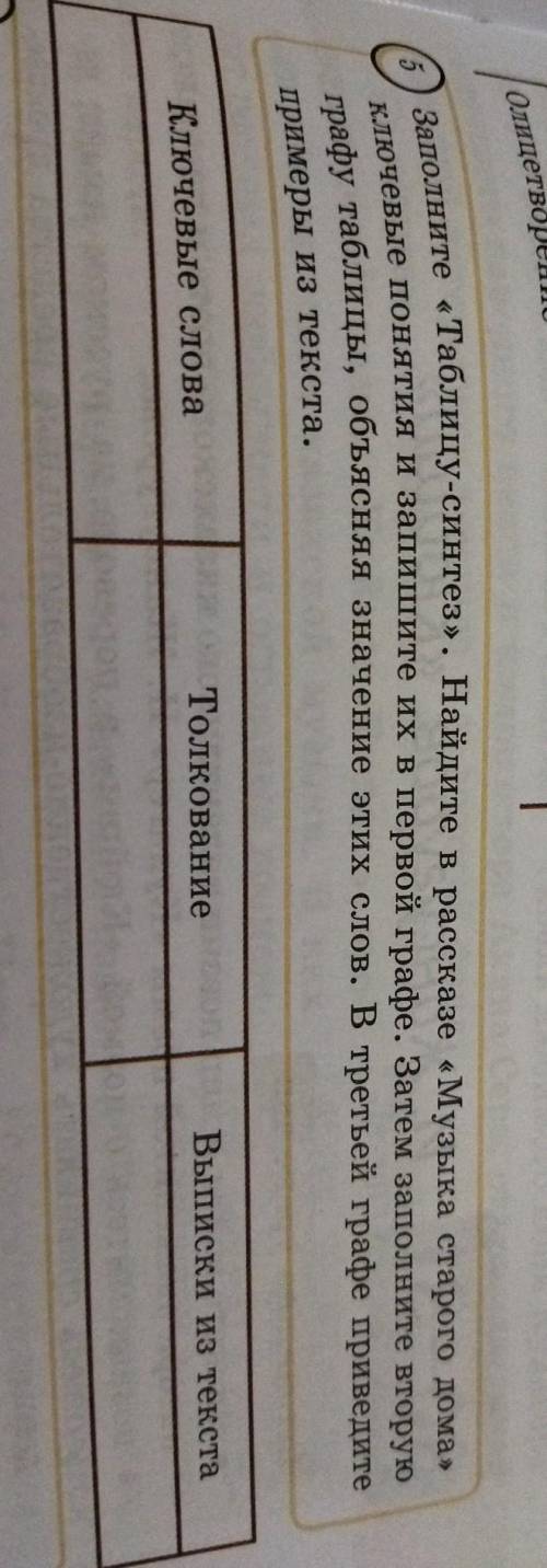 Заполните Таблицу-синтез. Найдите в рассказе Музыка старого дома ключевые понятия и запишите их