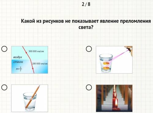 2/8Какой из рисунков не показывает явление преломлениясвета?​