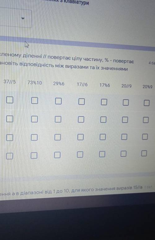 При цілочисленому діленні // повертає цілу частину, % - повертає остачу. Встановіть відповідність мі