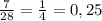 \frac{7}{28} =\frac{1}{4} =0,25