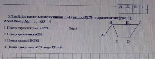 Знайдіть площу многокутників (1-4) якщо: ABCD - паралелограм AN=DN=6, AB=5, KD=4. 1) Площу паралелог