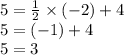 5 = \frac{1}{2} \times (- 2) + 4 \\ 5 = ( - 1) + 4 \\ 5 = 3