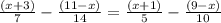 \frac{\left(x+3\right)}{7}-\frac{\left(11-x\right)}{14}=\frac{\left(x+1\right)}{5}-\frac{\left(9-x\right)}{10}