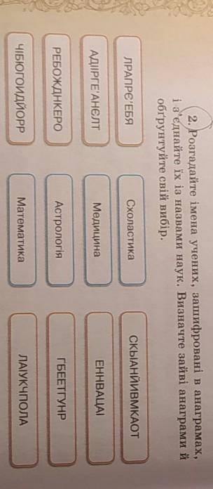 2. Розгадайте імена учених, зашифровані в анаграма, і з'єднайте їх із назвами наук. Визначте зайві а